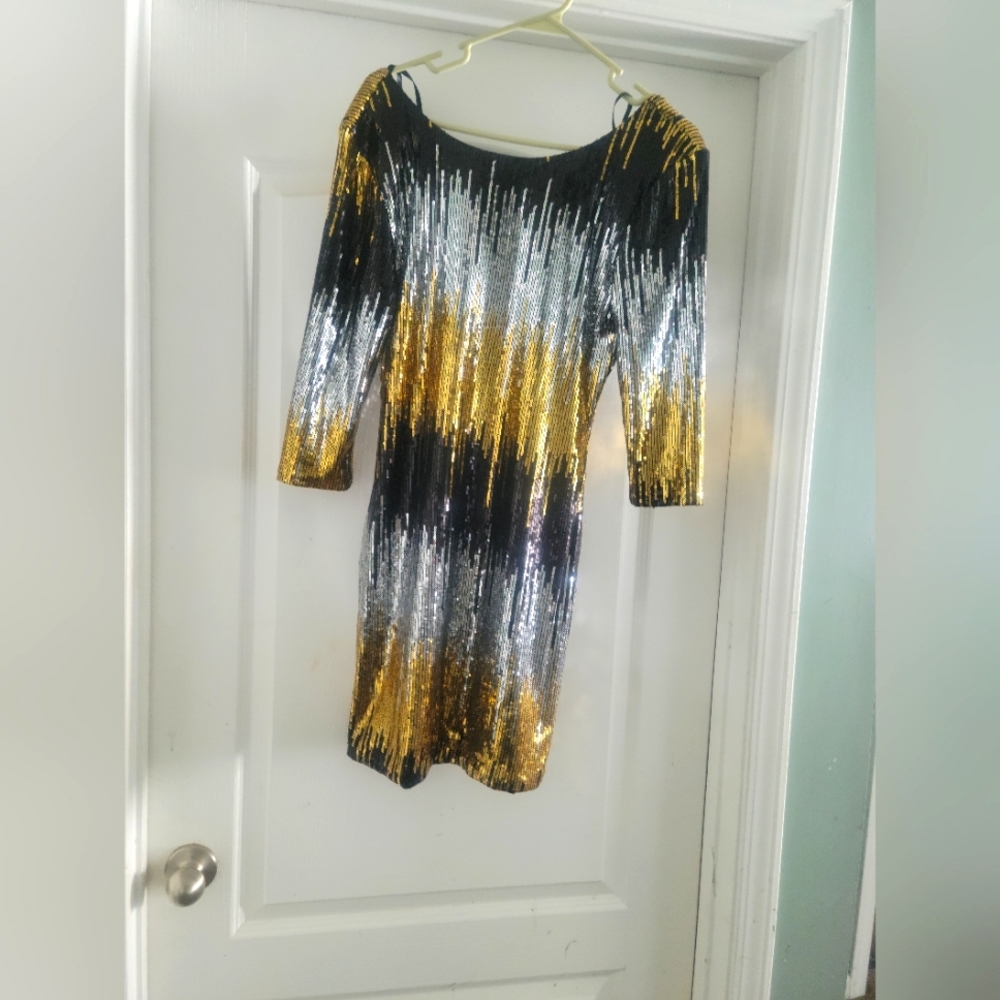 Black, Gold, and Silver Sequin Party Dress, size L